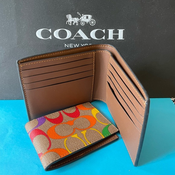 NWT Coach 3 In 1 Wallet In Rainbow Signature Canvas Gunmetal/Khaki Multi - Picture 4 of 8